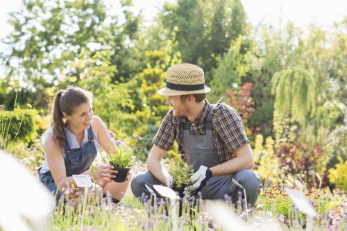 Gardener wearing PPE while operating a power tool in a landscaped area