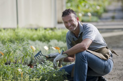 Local gardener wearing safety gear working on a suburban Ealing lawn