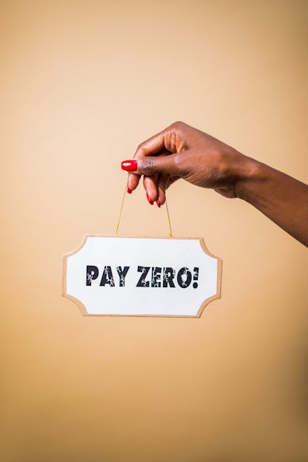 A close-up of a woman's hand with neatly manicured red nails holding a small hanging sign that reads 'PAY ZERO!' in bold, black, distressed font. The hand is positioned against a plain, neutral-colore